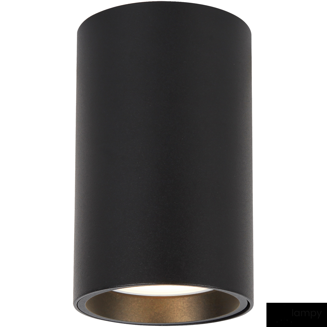 Lampa sufitowa Genesis H10 w kolorze czarnym, o cylindrycznym kształcie. Ujęcie frontalne, widoczna oprawa na jedną żarówkę GU10. Wnętrze klosza w odcieniu złotym, co dodaje elegancji. Idealna do nowoczesnych wnętrz.
