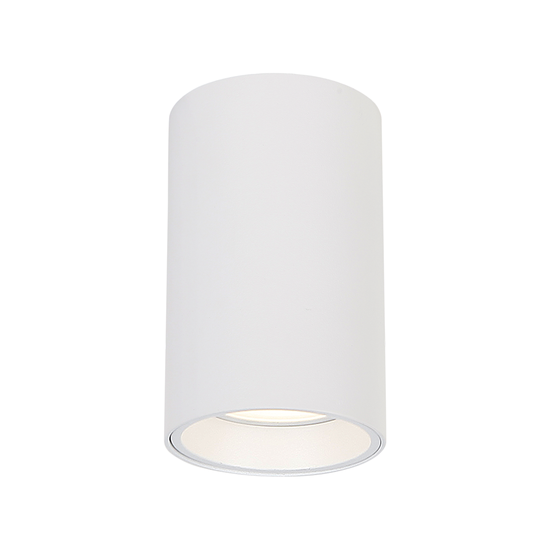 Lampa sufitowa Genesis H10 w kolorze białym, cylindryczna, z miejscem na jedną żarówkę GU10. Ujęcie z dołu, pokazujące gładką powierzchnię oraz otwór na żarówkę, bez dodatkowych dekoracji. Idealna do nowoczesnych wnętrz.