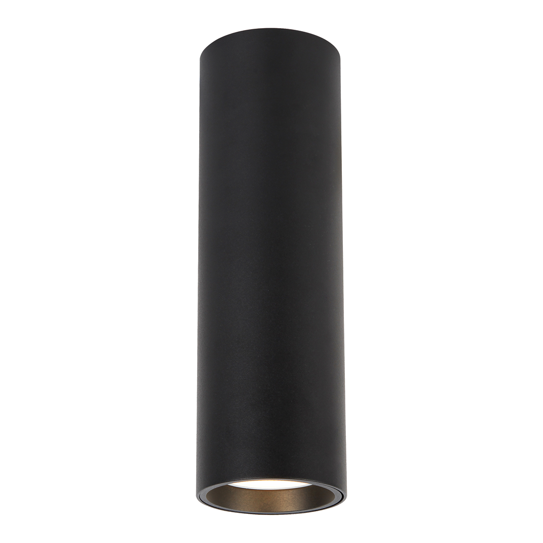 Lampa sufitowa Genesis H20 w kolorze czarnym, cylindryczna, wykonana z matowego materiału, z jednym miejscem na żarówkę GU10. Ujęcie frontalne, wisząca, widoczna oprawka w złotym kolorze wewnątrz.
