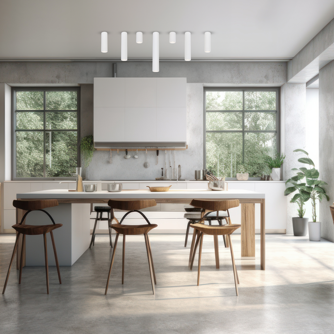 Lampa sufitowa Genesis H20 w kolorze białym, z jedną oprawą GU10, zawieszona nad nowoczesnym stołem w kuchni. Lampa składa się z kilku prostokątnych, wiszących elementów, które tworzą minimalistyczny design. W tle znajdują się okna i rośliny.