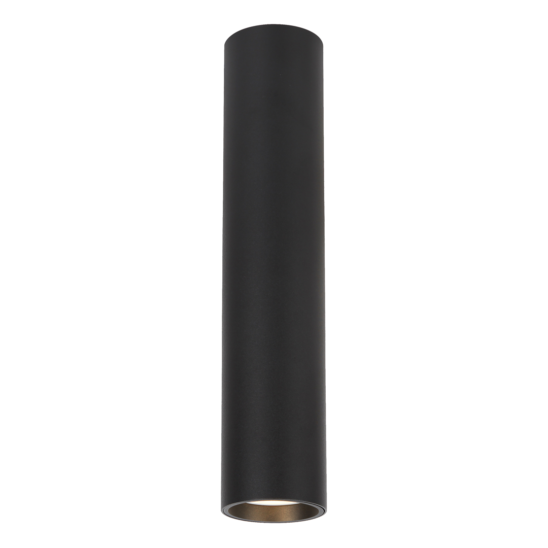 Lampa sufitowa Genesis H30 w kolorze czarnym, cylindryczna, z oprawą na jedną żarówkę typu GU10. Ujęcie frontalne, prezentująca gładką, matową powierzchnię, z widocznym złotym wnętrzem oprawy.
