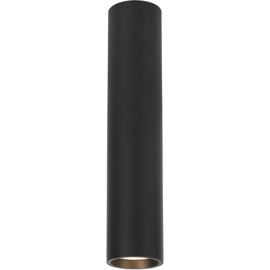 Lampa sufitowa Genesis H30 w kolorze czarnym, w kształcie cylindrycznym. Ujęcie frontalne, widoczny gwint GU10. Gładka matowa powierzchnia, montowana na suficie, minimalistyczny design. Idealna do nowoczesnych wnętrz.