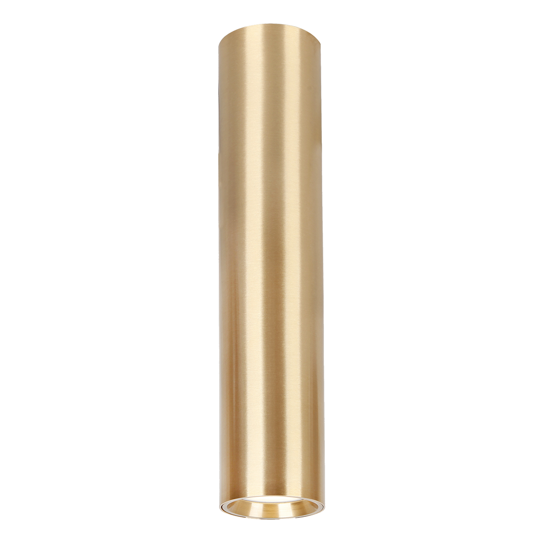 Lampa sufitowa Genesis H30 w kolorze złotym, cylindryczna, wykonana z metalowego materiału, z jednym miejscem na żarówkę GU10. Ujęcie frontalne, prezentująca gładką, błyszczącą powierzchnię.