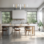 Lampa sufitowa Genesis H30 z jedną oprawą GU10, w kolorze złotym i białym, zawieszona w nowoczesnej kuchni. Słupki świetlne w różnych długościach na tle minimalistycznego wnętrza z drewnianymi krzesłami i jasnymi meblami.
