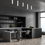 Lampa sufitowa Genesis H40 w kolorze białym, z jednym miejscem na żarówkę GU10. Zawieszona w nowoczesnej kuchni, nad stołem, w minimalistycznym stylu. Prosty, cylindryczny kształt, dobrze współgra z ciemnym otoczeniem.