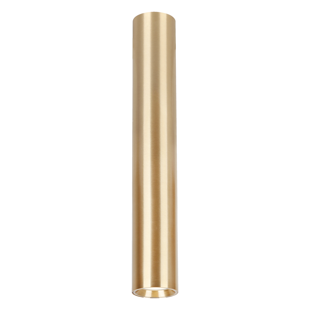 Lampa sufitowa Genesis H40 w kolorze złotym, wykonana z metalu, o cylindrycznym kształcie, z miejscem na żarówkę GU10. Ujęcie frontalne, produkt zamontowany w pionie, na jednolitym tle.