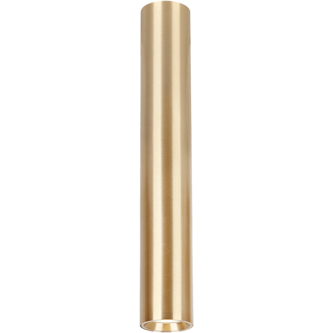 Lampa sufitowa Genesis H40 w złotym kolorze, w kształcie cylindrycznym, z jedną oprawą na żarówkę GU10. Prezentuje gładką, metaliczną powierzchnię, z widoczną szczeliną na dole, przez którą wydobywa się światło.