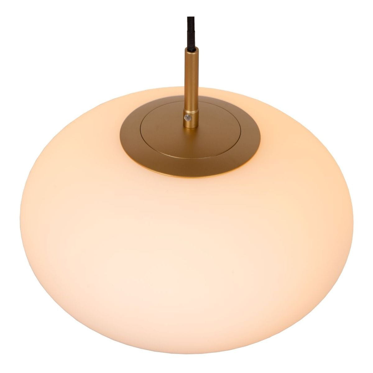 Lampa wisząca Elysee z trzema gniazdami E27, w kolorze czarnym i złotym. Okrągły klosz z mlecznego szkła, zawieszony na cienkim kablu. Złota podsufitka z metalowym wykończeniem. Widok z góry, ukazujący szczegóły konstrukcji.