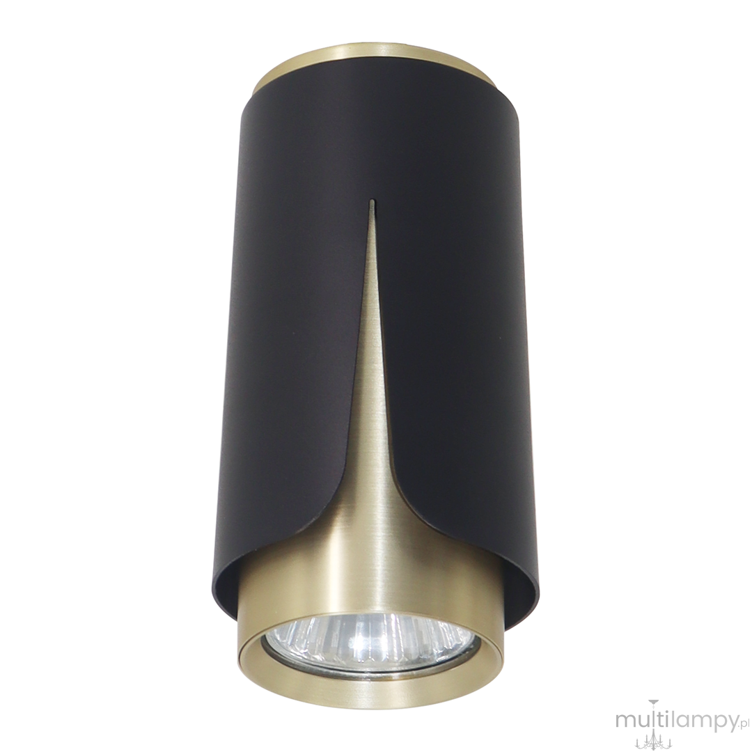Lampa sufitowa Flower w kolorze czarnym i złotym, z oprawą z matowego metalu. Posiada cylindryczny kształt z dekoracyjnym nacięciem, umieszczona w pozycji wiszącej, z widoczną żarówką GU10 na dole.