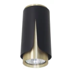 Lampa sufitowa Flower w kolorze czarnym i złotym, z oprawą z matowego metalu. Posiada cylindryczny kształt z dekoracyjnym nacięciem, umieszczona w pozycji wiszącej, z widoczną żarówką GU10 na dole.