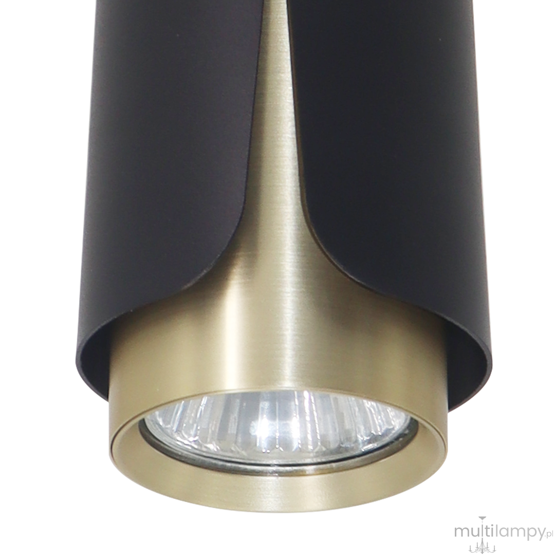 Czarna lampa sufitowa Flower z metalowym złotym wykończeniem, z mocowaniem na żarówkę GU10. Ujęcie zbliżeniowe pokazuje gładką, matową powierzchnię oraz okrągły klosz z przezroczystą żarówką wewnątrz.