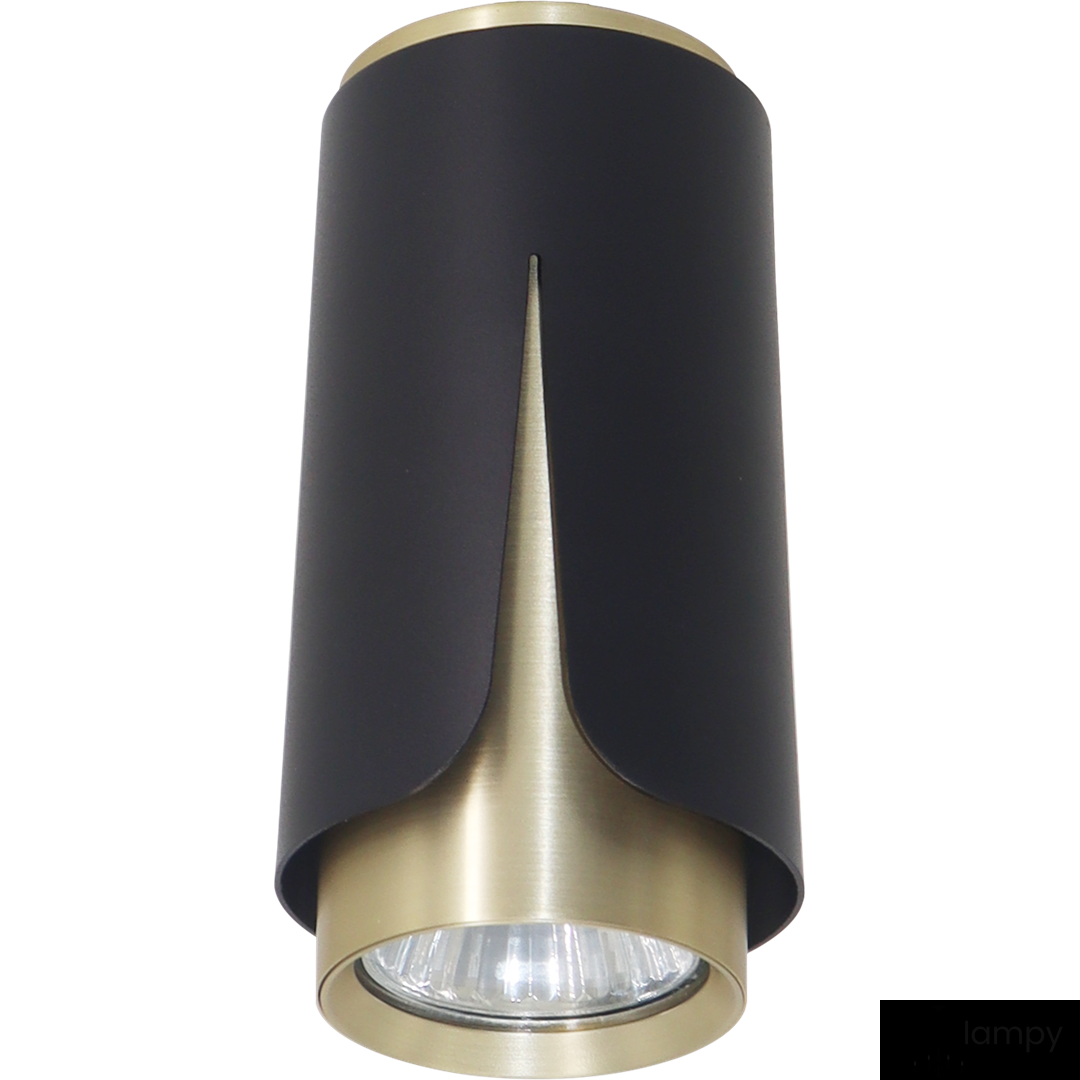 Lampa sufitowa Flower 1xGU10 w kolorze czarnym z złotym akcentem. Cylindryczny kształt z wycięciem i metalowym wykończeniem na dole. Zainstalowana w pozycji wiszącej, idealna do nowoczesnych wnętrz.