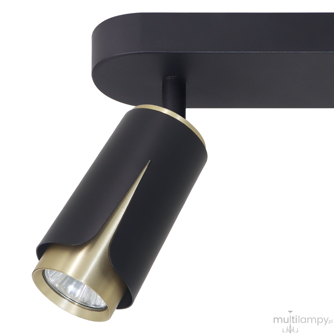 Lampa sufitowa (spot) Flower z dwoma oprawami GU10, w kolorze czarnym z elementami złotymi. Kąt ujęcia z boku, pokazujący cylindryczną lampę z dekoracyjnym wykończeniem i osłoną w kolorze złotym. Idealna do nowoczesnych wnętrz.