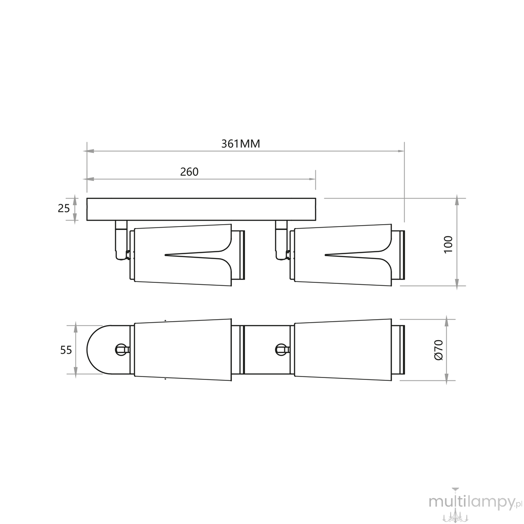 Czarna lampa sufitowa z dwoma spotami na żarówki GU10, o wymiarach 361 mm x 100 mm x 55 mm. Złote detale w formie kloszy nadają elegancki wygląd. Produkt montowany na suficie, idealny do nowoczesnych wnętrz.