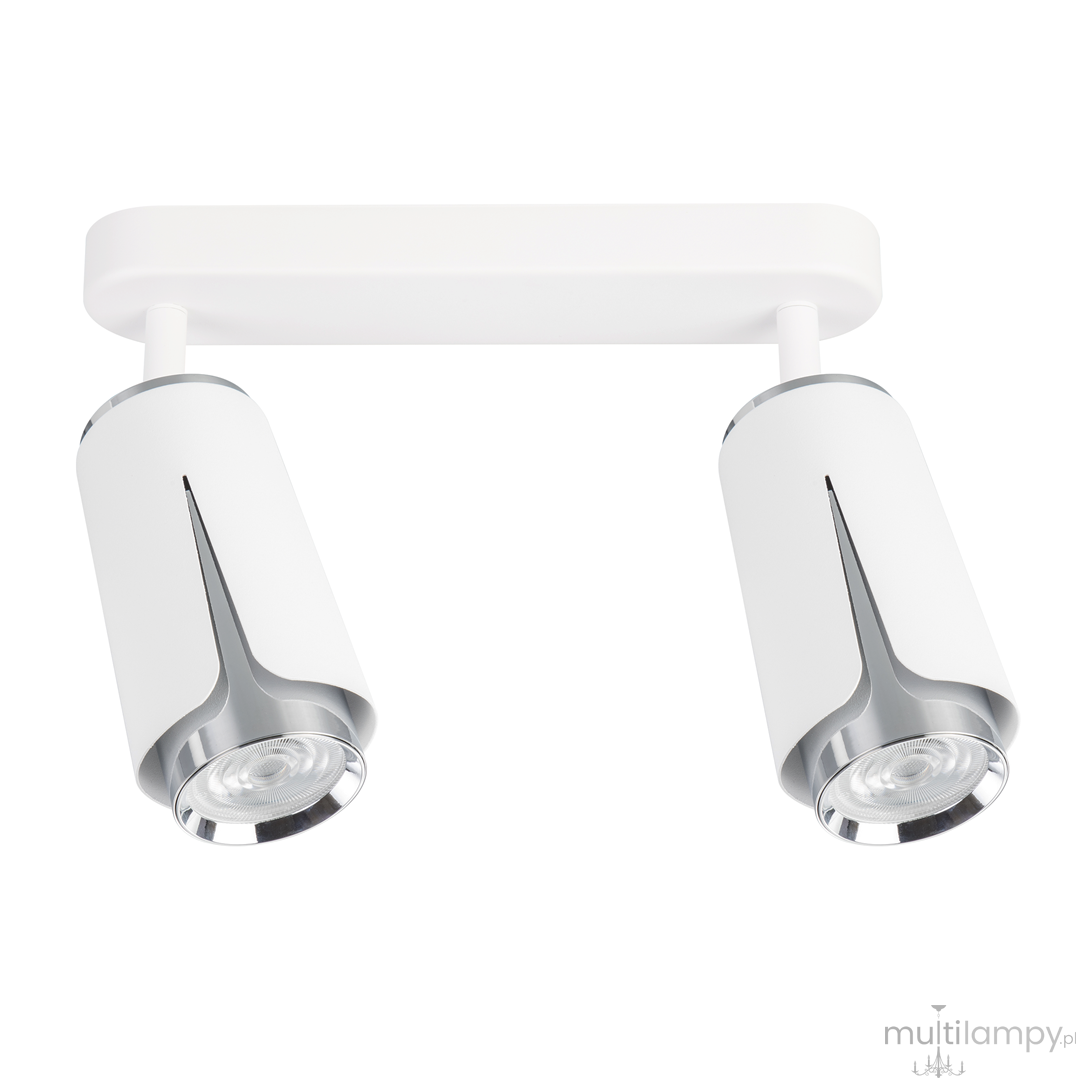 Lampa sufitowa Flower z dwoma reflektorami, biała z chromowanymi detalami. Reflektory w kształcie cylindrów, zamontowane na białej podstawie. Wymiary i styl minimalistyczny, idealna do nowoczesnych wnętrz.