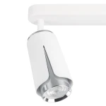 Lampa sufitowa Flower w kolorze białym z chromowanymi detalami, z dwoma oprawami GU10. Ujęcie z boku, pokazujące cylindryczny kształt oraz wycięcie dekoracyjne. Zawieszona pod sufitem, w nowoczesnym stylu.