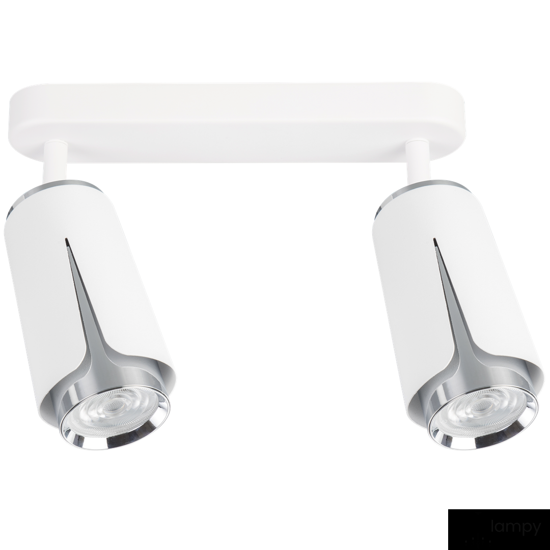 Lampa sufitowa Flower z dwoma reflektorami GU10, w kolorze białym i chromowanym. Okrągła podstawa montażowa z białego tworzywa, cylindryczne klosze z chromowanymi detalami, umieszczone na stałe w poziomie. Idealna do nowoczesnych wnętrz.