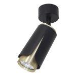 Lampa sufitowa Flower w kolorze czarnym i złotym, z metalowym korpusem w kształcie cylindrycznym. Zamontowana na okrągłym uchwycie, z widocznym źródłem światła GU10. Wyróżnia się wycięciem w dolnej części, co podkreśla nowoczesny design.