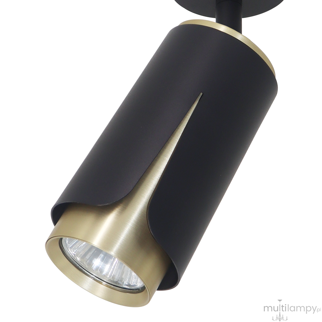 Lampa sufitowa Flower w kolorze czarnym i złotym, z cylindrycznym kloszem. Ramię lampy jest matowe, a dolna część wykonana z błyszczącego metalu. Ujęcie z boku, pokazujące detal konstrukcji i otwór na żarówkę GU10.