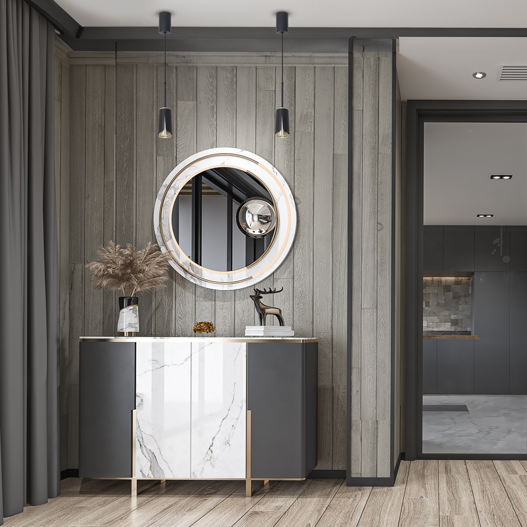 Lampa wisząca Flower 1xGU10 w kolorze czarnym z złotymi detalami, zawieszona w nowoczesnym wnętrzu. Widoczna na tle szarej ściany i eleganckiego mebla z marmurowym blatem. Oświetlenie w industrialnym stylu, z minimalistycznym designem.