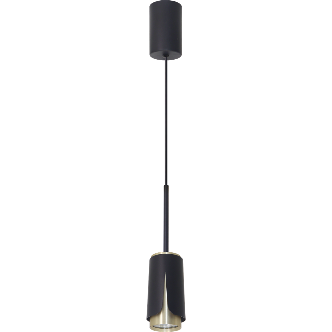 Lampa wisząca Flower 1xGU10 w kolorze czarnym i złotym, z okrągłym, matowym mocowaniem i długim przewodem. Klasyczny, cylindryczny kształt klosza z delikatnym złotym wykończeniem. Idealna do nowoczesnych aranżacji wnętrz.