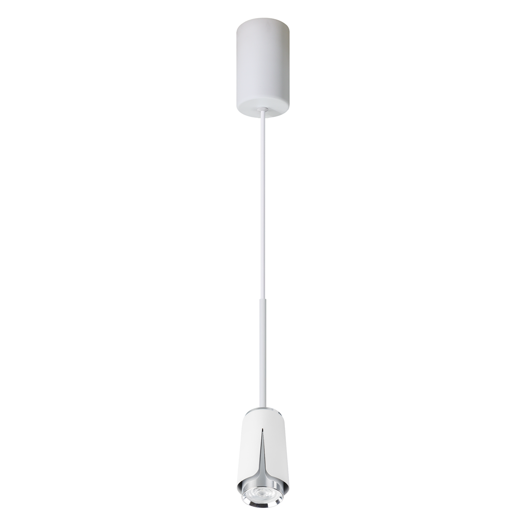 Lampa wisząca Flower 1xGU10 w kolorze białym z chromowanym akcentem, zawieszona na cienkim białym przewodzie. Klosz ma cylindryczny kształt z delikatnym wycięciem, a górna część jest gładka. Tło białe, prosty design.