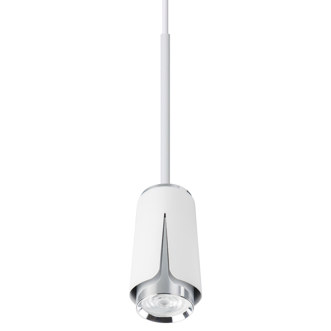 Lampa wisząca Flower 1xGU10 w kolorze białym i chromowanym, o cylindrycznym kształcie z metalicznym wykończeniem. Zawieszona na białym przewodzie, z widocznym źródłem światła na dole. Minimalistyczny design, przeznaczona do nowoczesnych wnętrz.