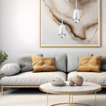 Lampa wisząca Flower 1xGU10 w białym kolorze z chromowanymi detalami, zawieszona w nowoczesnym wnętrzu nad okrągłym stołem. Tło stanowi jasna ściana z abstrakcyjnym obrazem, a na kanapie leżą poduszki w odcieniach szarości i beżu.