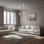 Lampa wisząca Flower 1xGU10 w białym i chromowanym wykończeniu, zawieszona w nowoczesnym wnętrzu. Dwa klosze w kształcie kwiatów, z przezroczystymi akcentami, oświetlają przestrzeń nad białymi meblami w salonie.