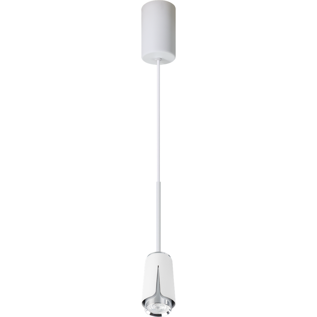 Lampa wisząca Flower 1xGU10 w kolorze białym z chromowanym wykończeniem. Posiada cylindryczny klosz z delikatnym detalem w formie nacięcia. Zawieszona na cienkim kablu, idealna do nowoczesnych wnętrz.