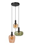 Lampa wisząca Ilona z trzema kloszami w kolorach: przezroczystym pomarańczowym, przezroczystym zielonym i matowym. Klosze zawieszone na czarnych przewodach, z czarnym mocowaniem sufitowym. Wymiary kloszy różnią się, tworząc ciekawą kompozycję.