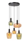 Lampa wisząca Ilona z pięcioma kloszami w różnych kolorach (zielony, brązowy, pomarańczowy) na czarnych linkach, zawieszona na okrągłej, czarnej podsufitce. Klosze mają różne kształty, każdy z widoczną żarówką E27.