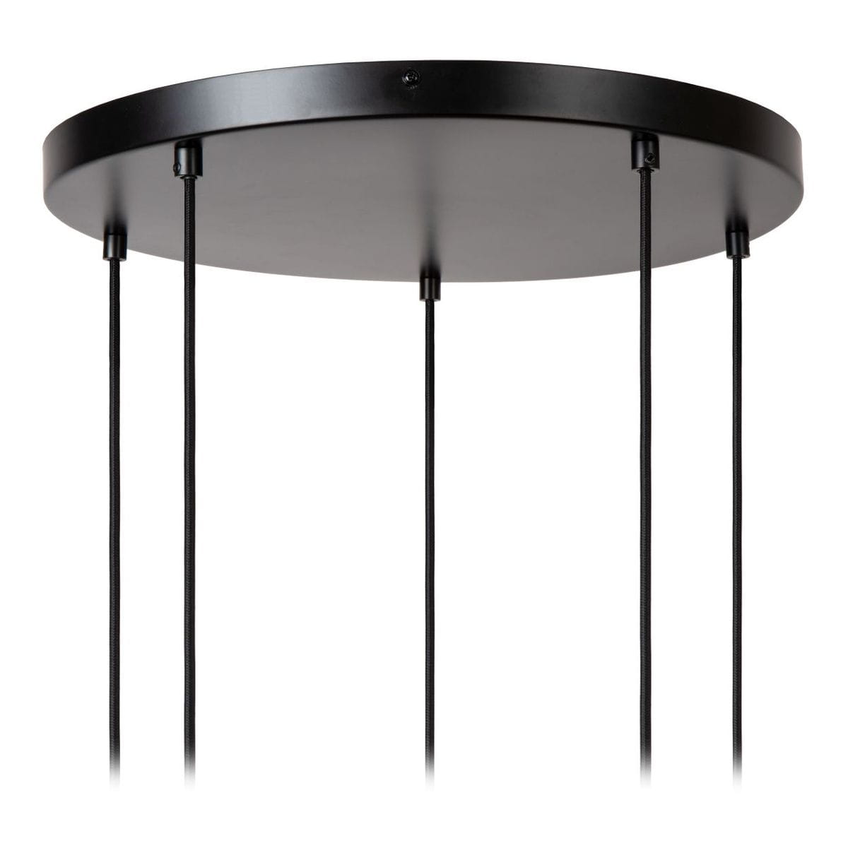 Czarna lampa wisząca Ilona z pięcioma oprawami E27. Widok z dołu na okrągły, metalowy strop, z czterema zwisającymi przewodami. Prosty, nowoczesny design, idealny do różnych aranżacji wnętrz.