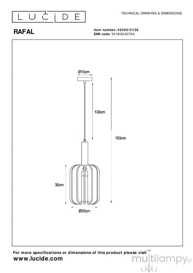 Lampa wisząca Rafal 1xE27 w kolorze czarnym i szarym, o wymiarach 183 cm wysokości i 20 cm średnicy klosza. Prosta konstrukcja z metalowymi elementami, zawieszona na cienkim kablu. Idealna do nowoczesnych wnętrz.