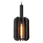 Lampa wisząca Rafal w kolorze czarnym i szarym, z kloszem z filcu w kształcie cylindrycznym. Widoczna żarówka E27 w środku, zawieszona na cienkim przewodzie. Kąt ujęcia frontalny, lampa wisząca, na jednolitym tle.