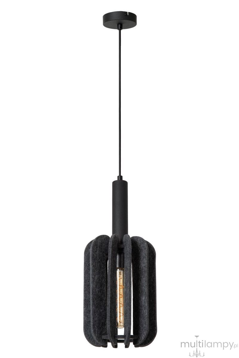 Lampa wisząca Rafal z jednym gniazdem E27, w kolorze czarno-szarym. Posiada cylindryczny klosz z filcu z wyraźnymi szczelinami, zawieszona na cienkim czarnym przewodzie. Ujęcie frontalne, podkreślające nowoczesny design.