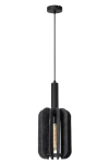 Lampa wisząca Rafal z jednym gniazdem E27, w kolorze czarno-szarym. Posiada cylindryczny klosz z filcu z wyraźnymi szczelinami, zawieszona na cienkim czarnym przewodzie. Ujęcie frontalne, podkreślające nowoczesny design.