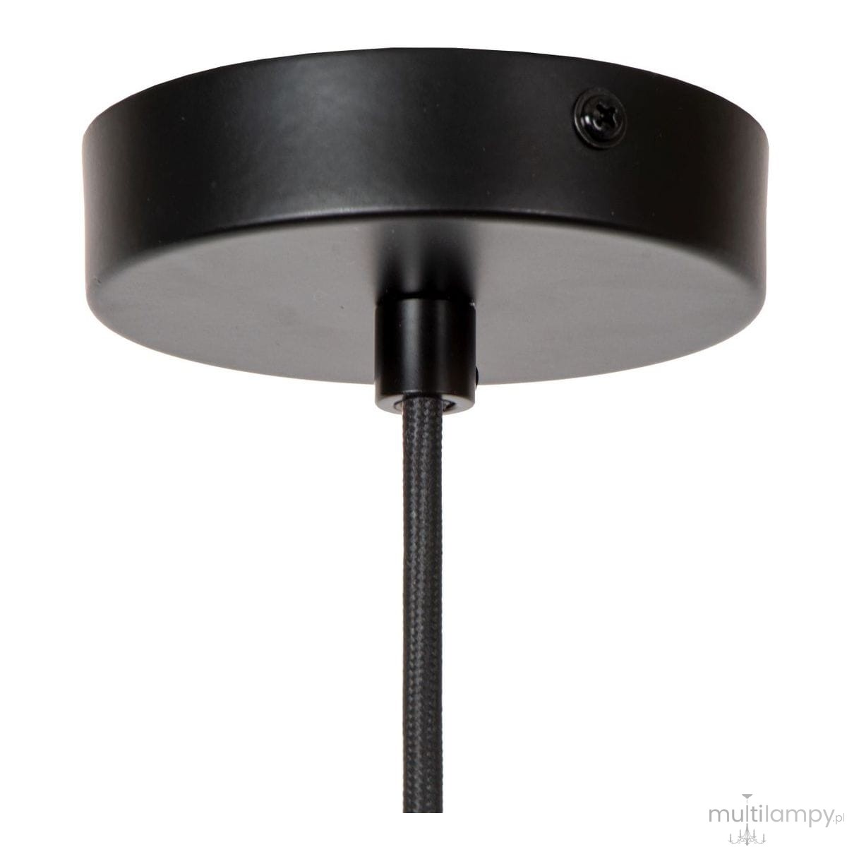 Czarna lampa wisząca Joanet D16 z oprawą E27. Widok od góry, z detalem mocowania sufitowego i przewodem. Prosta, okrągła konstrukcja, wykonana z metalu, przeznaczona do montażu na suficie.