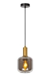 Lampa wisząca Joanet D16 z oprawą w kolorze czarnym i złotym wykończeniem. Posiada szklany klosz w odcieniu szaro-przezroczystym, zawieszona na czarnym przewodzie. Oświetlenie na żarówkę E27, stylowy element dekoracyjny.