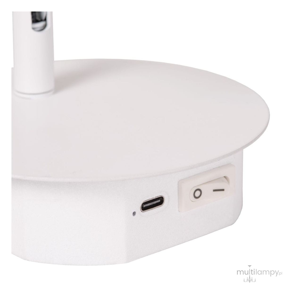 Biały kinkiet Jolijn z zasilaniem bateryjnym, widok z góry. Na podstawie znajduje się port USB-C oraz włącznik. Prosta, okrągła forma z matowym wykończeniem, idealny do nowoczesnych wnętrz.