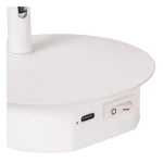 Biały kinkiet Jolijn z zasilaniem bateryjnym, widok z góry. Na podstawie znajduje się port USB-C oraz włącznik. Prosta, okrągła forma z matowym wykończeniem, idealny do nowoczesnych wnętrz.