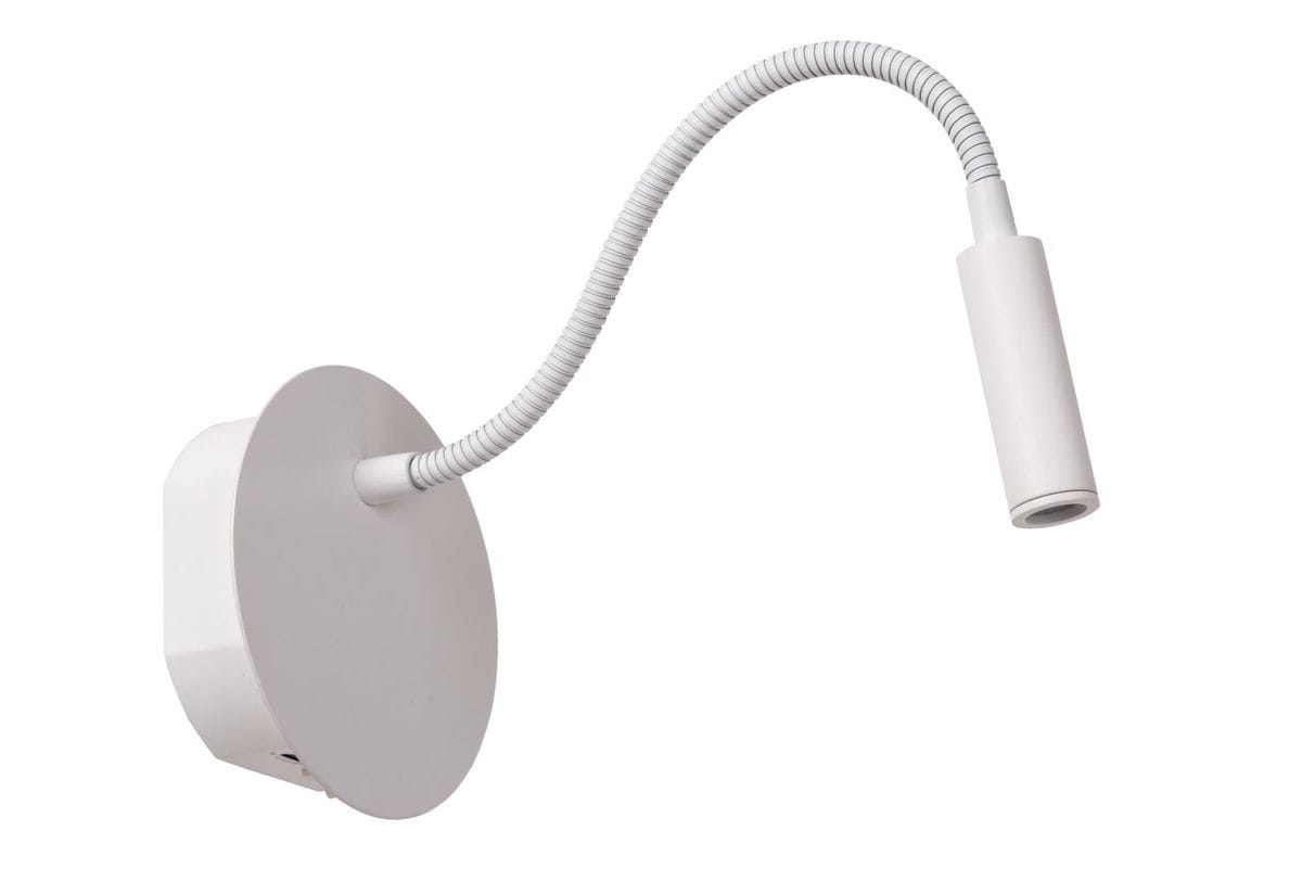 Biały kinkiet Jolijn z zasilaniem bateryjnym, z ruchomym ramieniem, które umożliwia regulację kierunku światła. Uchwyt w formie cylindrycznej obudowy LED z zamontowanym źródłem światła. Stojąca, okrągła podstawa.