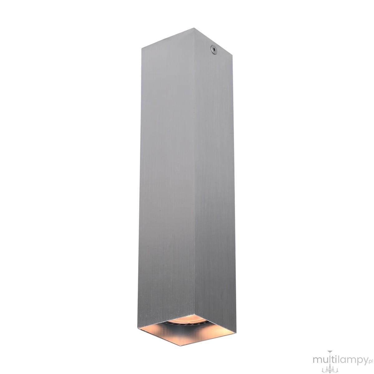 Lampa sufitowa Ander 1xGU10 w kolorze aluminium, o prostokątnym kształcie i matowej fakturze. Ujęcie z boku, ukazujące uchwyt dla żarówki oraz otwór w dolnej części. Produkt zawieszony, na jednolitym tle.