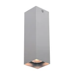 Lampa sufitowa Ander 1xGU10 w kolorze aluminiowym, o prostokątnym kształcie. Widok z boku, z zamontowanym źródłem światła na dole, z delikatną fakturą metalową. Świetnie nadaje się do nowoczesnych wnętrz.