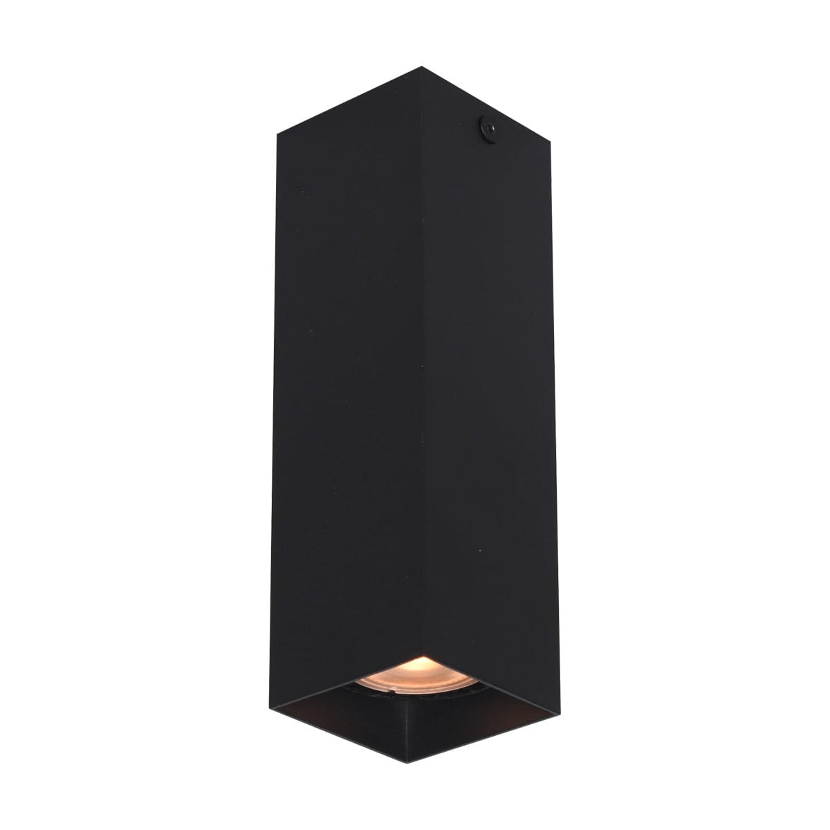 Czarna lampa sufitowa Ander z jedną oprawą GU10, w prostokątnym kształcie. Ujęcie z boku, ukazujące górną część lampy oraz widoczny klosz. Matowa powierzchnia, minimalistyczny design, idealna do nowoczesnych wnętrz.