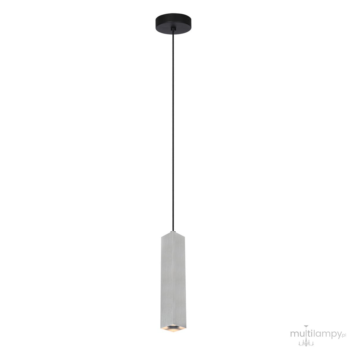 Lampa wisząca Ander 1xGU10 w kolorze aluminium z prostokątnym kloszem. Stoi w pionie na czarnym przewodzie, zawieszona z sufitu. Wykończenie matowe, złagodzone krawędzie. Idealna do nowoczesnych wnętrz. Tło białe, co podkreśla produkt.