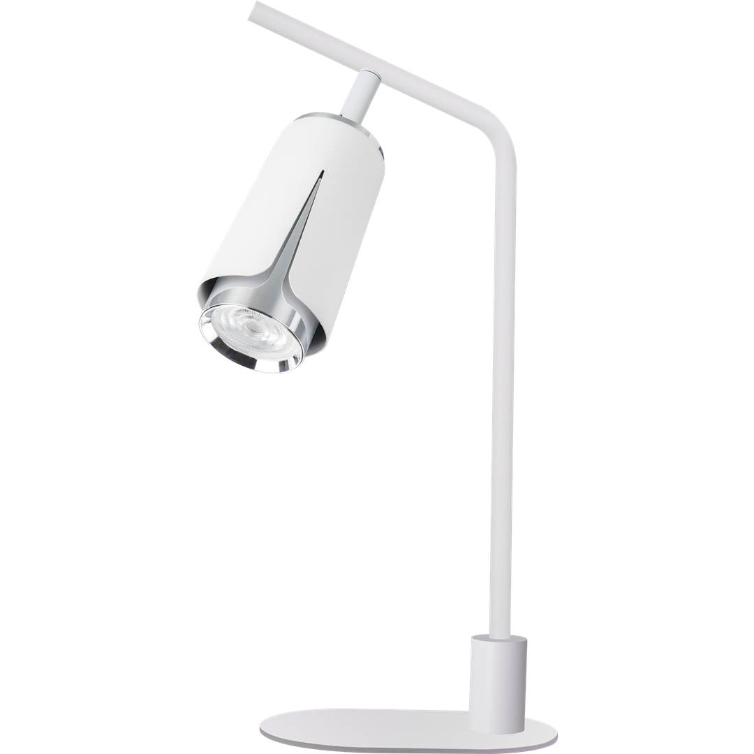 Lampa stołowa Flower w kolorze białym z chromowanym detalem, z pojedynczym źródłem światła GU10. Ujęcie pod kątem, pokazujące smukły kształt i nowoczesny design z prostą podstawą. Idealna do biura lub wnętrz mieszkalnych.