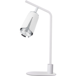 Lampa stołowa Flower w kolorze białym z chromowanym detalem, z pojedynczym źródłem światła GU10. Ujęcie pod kątem, pokazujące smukły kształt i nowoczesny design z prostą podstawą. Idealna do biura lub wnętrz mieszkalnych.