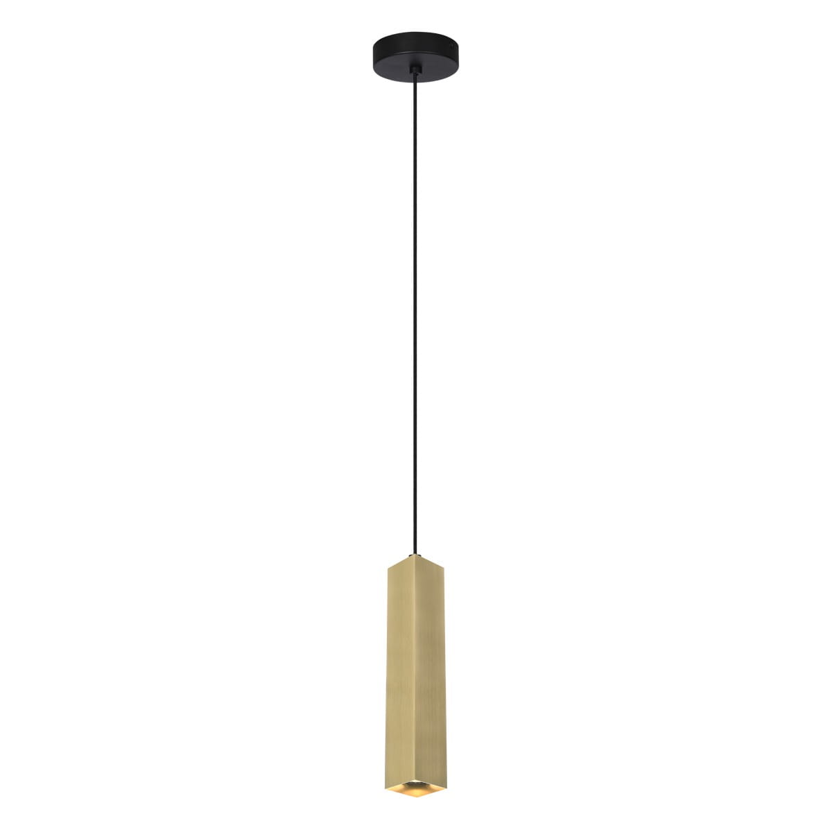 Lampa wisząca Ander z mosiądzu, w kształcie prostokątnej kolumny, zawieszona na czarnym kablu. Posiada oprawę na jedną żarówkę typu GU10. Prosta, elegancka konstrukcja, idealna do nowoczesnych wnętrz. Tło jasne, minimalistyczne.