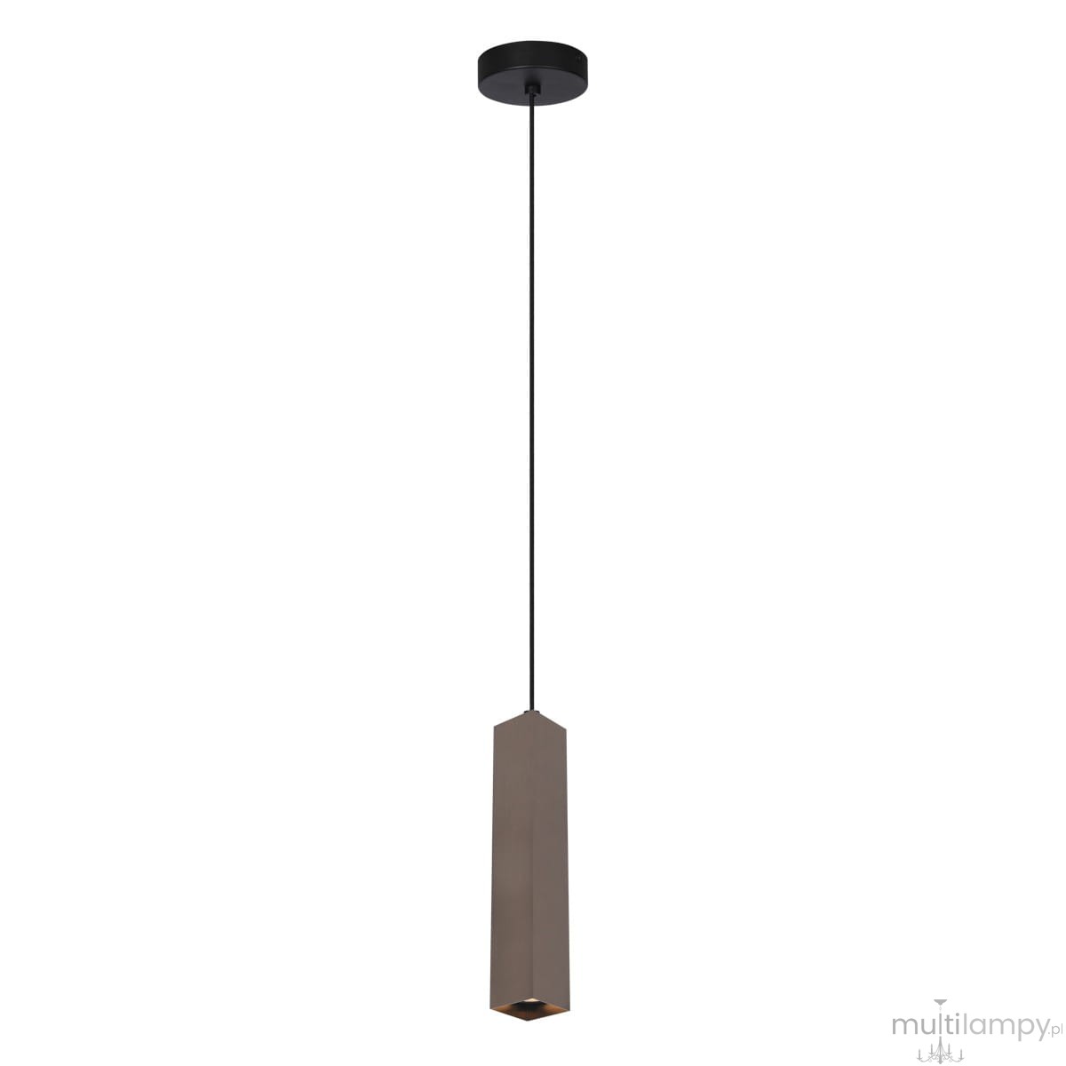 Brązowa lampa wisząca Ander z oprawą na żarówkę GU10, w kształcie prostokątnego, smukłego klosza. Wisi na cienkim czarnym przewodzie, montowana do sufitu. Prosty design, idealna do nowoczesnych wnętrz.